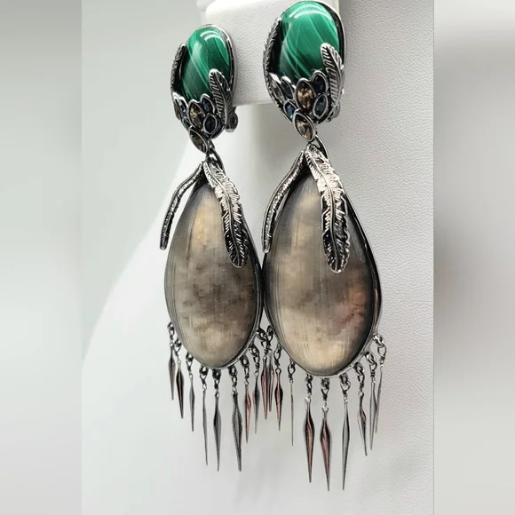 Alexis Bittar Gray Lucite and Malachite Glass Feather Earrings Clip On Silver